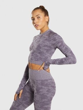 Gymshark Camo Seamless Long Sleeve Crop Top & Legging Set | Lavender Grey